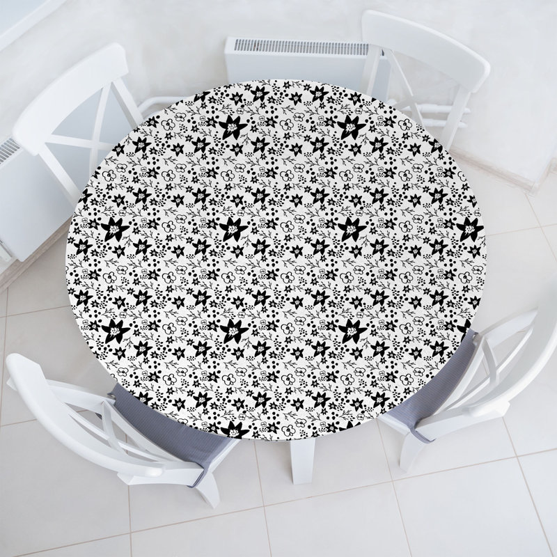 Bungalow Rose Floral Fitted Round Tablecloth Diameter Charcoal Grey White, 51.97" Round