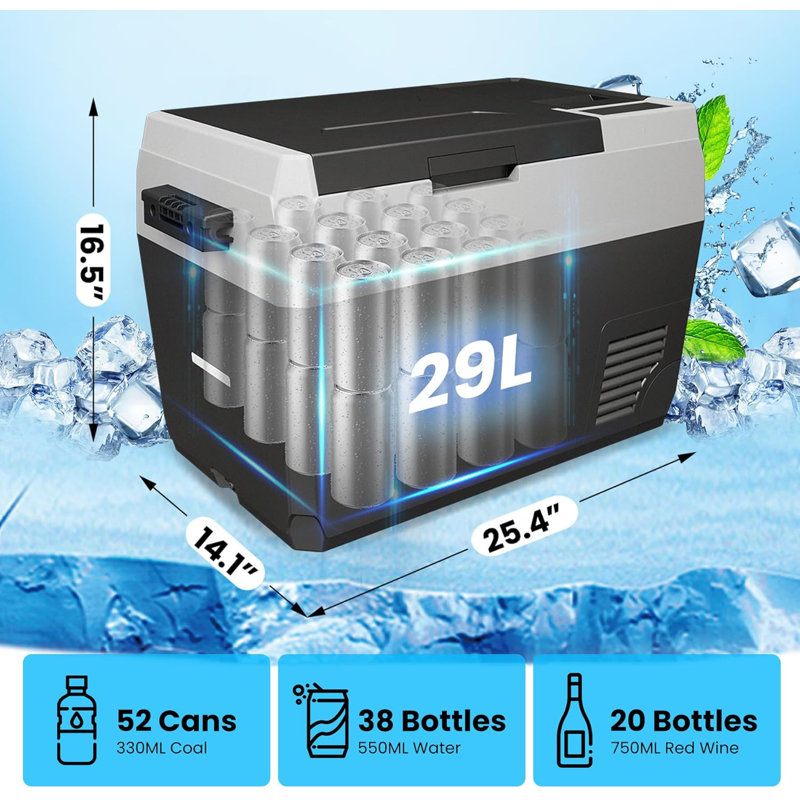 12V Portable Car Refrigerator Freezer 31QT - Dual Zone Electric Cooler for Vehicles, Camping & Road Trips - AC/DC Plug-In Fridge with Wheels, Charging Panel Solar Hole Compact Car Fridge