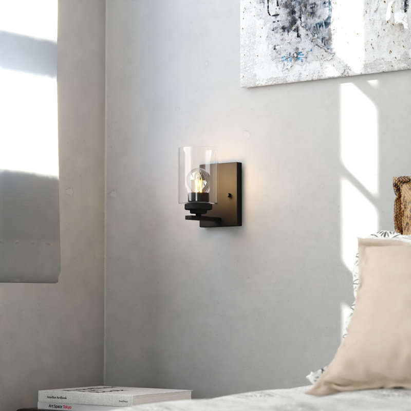 Hitchin Transitional Bathroom Vanity Lighting Fixture, Clear Glass Cylinder Shade, Dimmable, LED Compatible, Reversible Over The Mirror Mounted Steel Wall Sconce