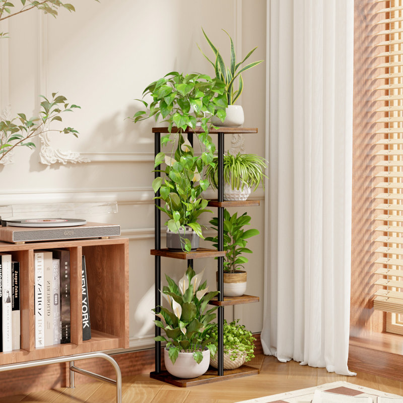 Support pour plante à 5 niveaux en métal brun, tablette compacte pour patio, jardin, balcon, chambre à coucher