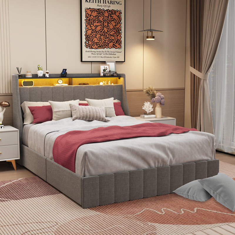 41.3'' Wings Headboard Bed Frame with 4 Under-bed Portable Storage Drawers and LED Light, Light Gray, Queen