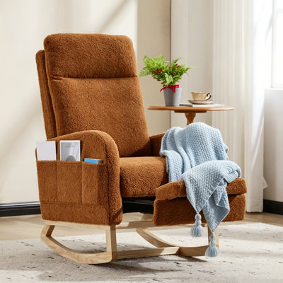 Solid Wood Rocking Chair With High Back & Side Pocket And Footrest, Teddy Upholstered, Nursery Glider For Living Room, Bedroom, Or Nursery