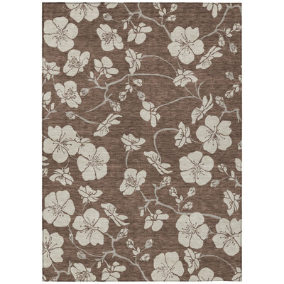 3' X 5' Brown And Beige Floral Washable Indoor Outdoor Area Rug