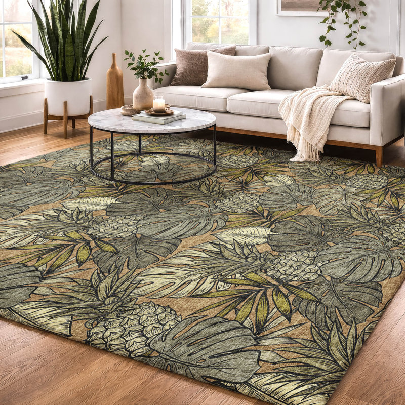 Premium Machine Washable Dream Shag ADS206 Leaves and Pineapples Rug, 3' x 5'