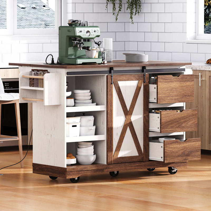55.5" Farmhouse Kitchen Island With Drop Leaf, Power Outlet, Spice Rack & Barn Door, White