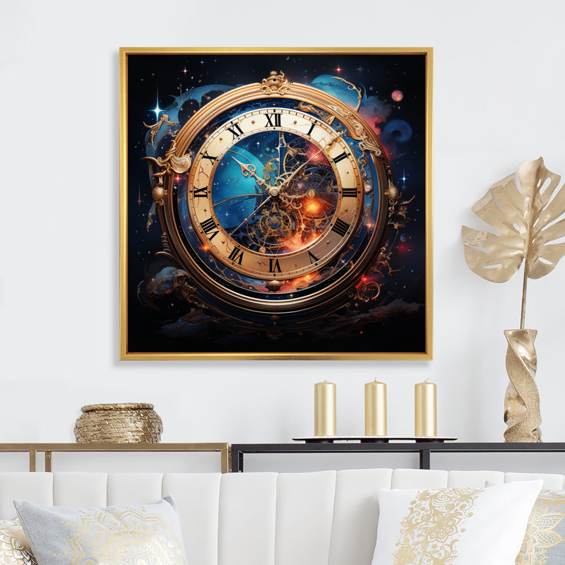 Horloge métaphysique sur toile, Cadre flottant doré, H 36 po x l 36 po x P 1,5 po