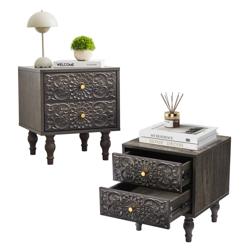 18.14'' Tall 2 Drawer Farmhouse Nightstands, Black/Gray
