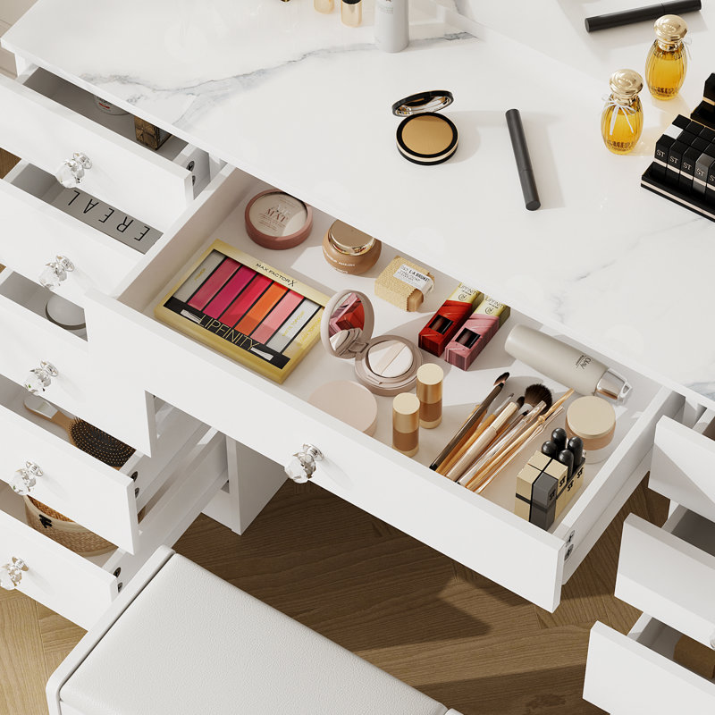Ensemble de coiffeuse avec 11 tiroirs et prises de courant Greyden, commode avec miroir grossissant 10X pour chambre à coucher