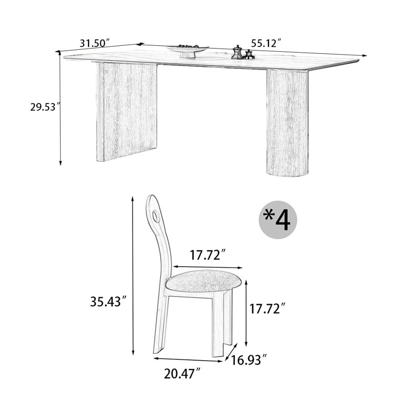 4 - Person Beige+Nut-brown Rectangular Solid Wood Sintered Stone Tabletop Dining Table Set, 29.53"H x 55.12"L x 31.5"W