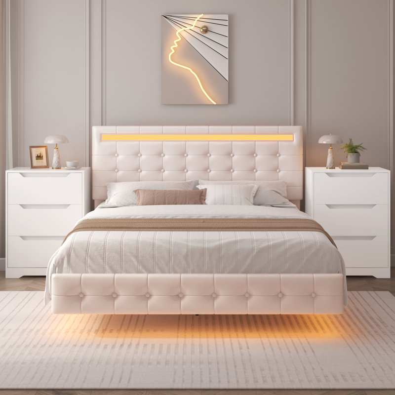 Ensemble de chambre à coucher 3 pièces, cadre de lit flottant avec tête de lit à DEL et ensemble de table de chevet 3 tiroirs