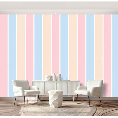 Papier peint adhésif à rayures verticales pastel rose, bleu et beige, 175 cm (H) x 244 cm (L), amovible, en PVC, pour chambre, salon ou bureau.