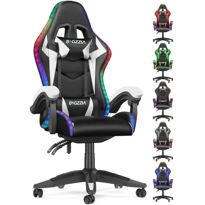 Reclining Gaming Chair with LED Lights and Headrest, Black/White