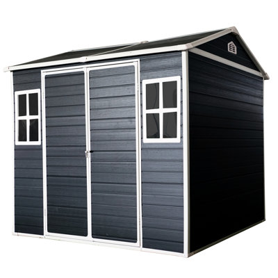 8X6ft Outdoor Storage Shed - Resin Waterproof With Two Windows, Floor & Lockable Door Patio Black With For Backyard