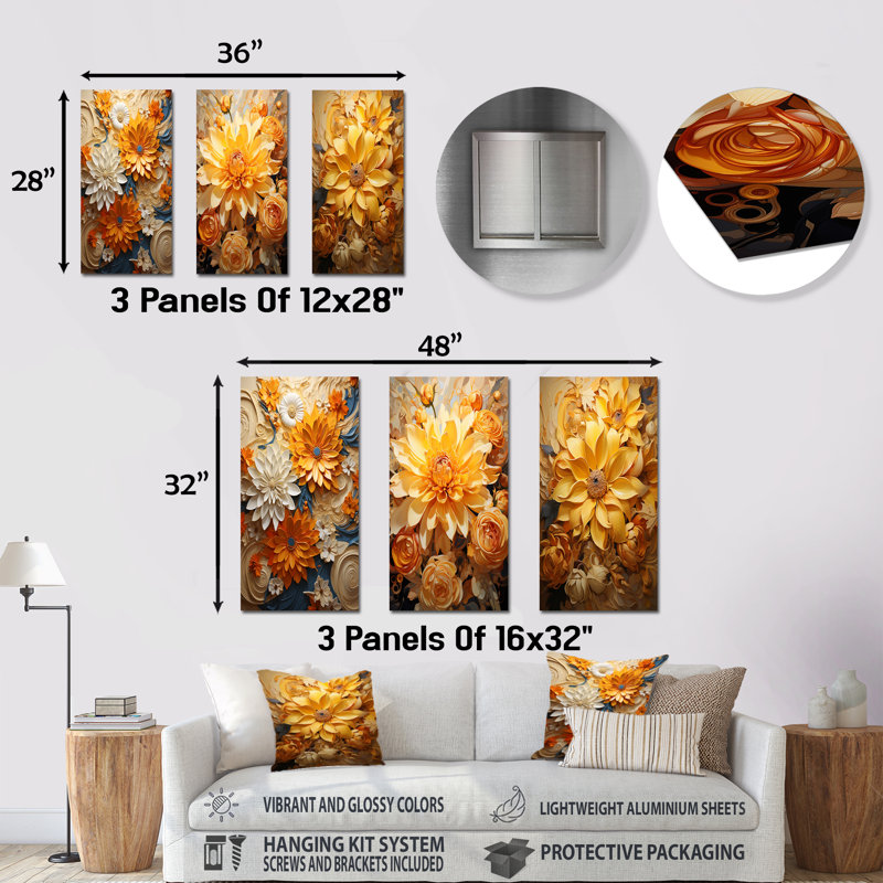 "Ettring - Abstract Botanicals", ensemble de 3 reproductions d'art mural en métal, H 28 po x l 36 po