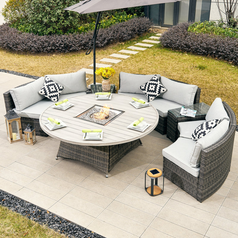 Apphi 6 - Person Outdoor Steel Wicker Fire Pit Conversation Set - Gray