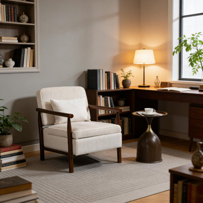 Mid-Century Modern Upholstered Accent Chair With Solid Wood Frame, Lounge Chair With Lumbar Pillow & Storage Seat
