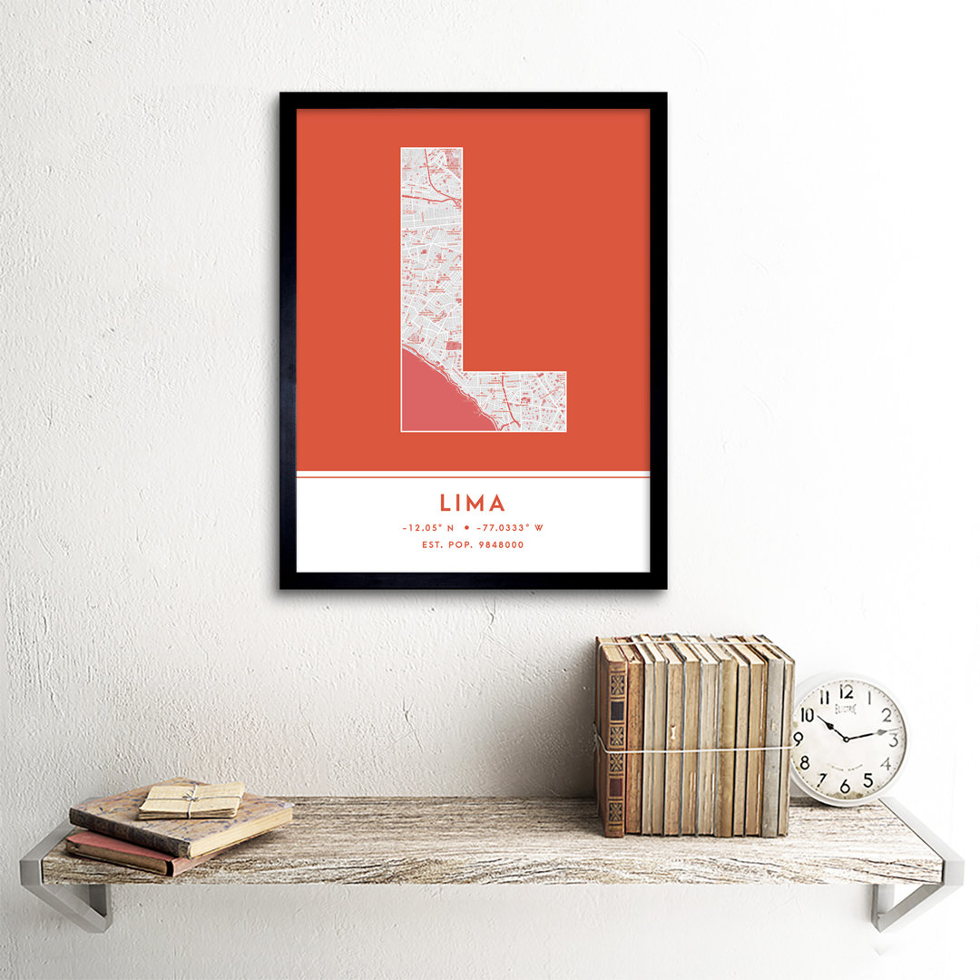Lima City Map Lima Orange by Wee Blue Coo - Single Picture Frame Typography