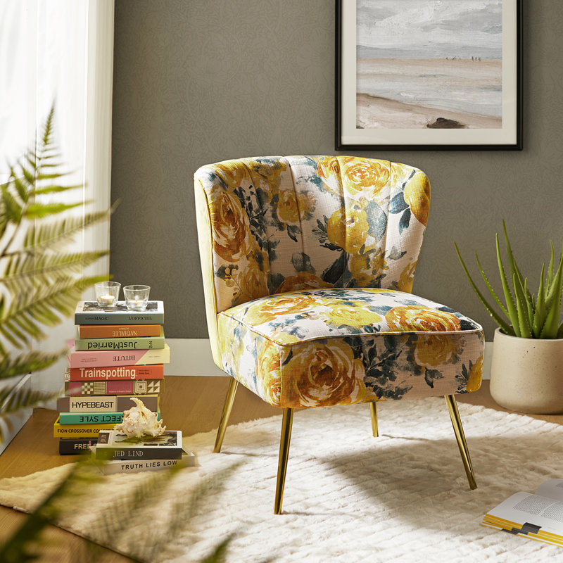 Amata Wooden Upholstery Armless Accent Chair, Yellow/Grey