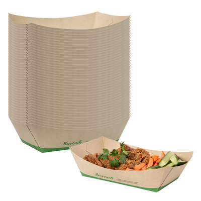 Restaurantware-Sustain 2 Pound Disposable Food Trays, 200 Sturdy Paper Food Trays - With PLA lining, Compostable, Bamboo Paper Serving Boats, Open-Top Design, Greaseproof