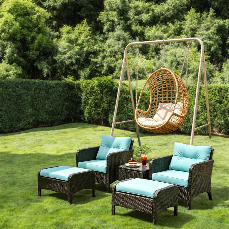 Canapés de patio modernes, ensemble en rotin d'acier 5 pièces, sièges d'extérieur compacts