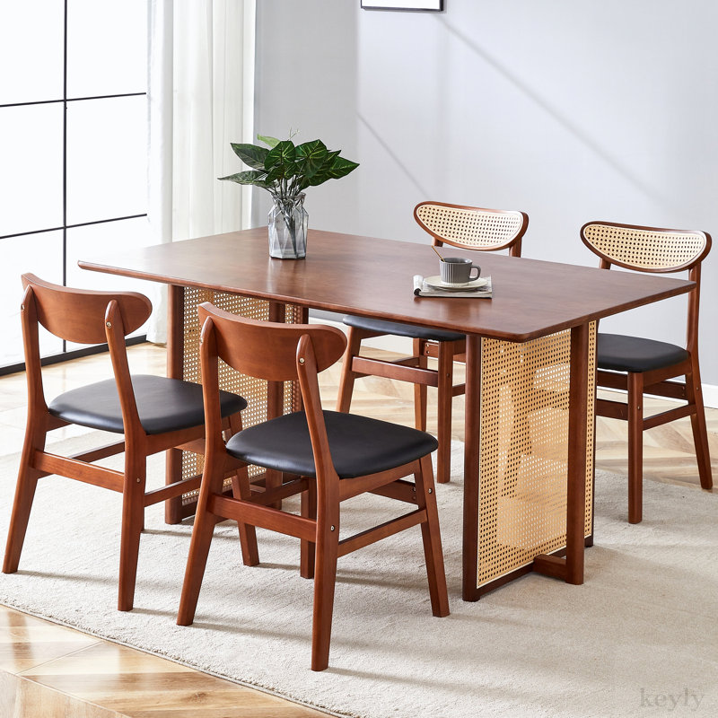 Daquin 4 - Person Solid Wood Solid Wood Top Double Pedestal Dining Set, Brown, 5, Brown/Black