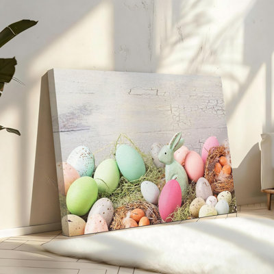 Teal Easter Bunny & Eggs in Mossy Grass Celebrations & Holidays Colorful for Living Room,16" X 24"，Solid Wood Frame Support