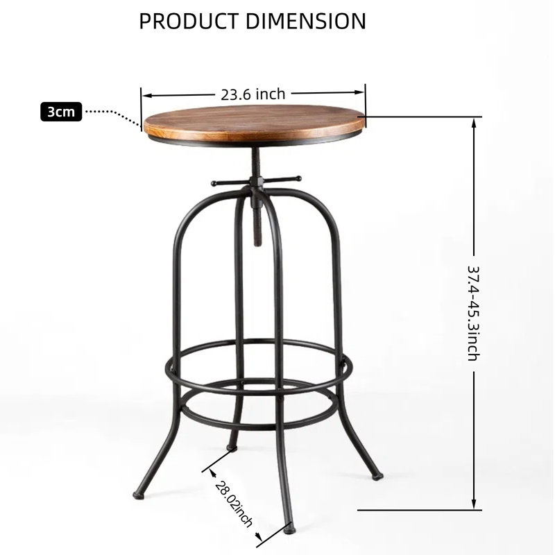 Industrial Bar Table-37.4 Inch-45.3 Inch Tall-Swivel Adjustable Bar Height Bistro Pub Table- Round Wood Top Metal Base (Black/Brown)