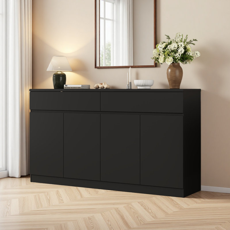 Buffet avec rangement, grande armoire de rangement avec 2 tiroirs et 4 portes, buffet en bois, Noir