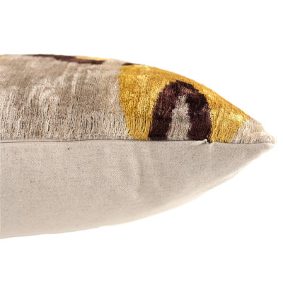 Luxury Mustard, Cream And Chocolate Silk Velvet Ikat Lumbar Pillow 16X24 Inch With Down Insert