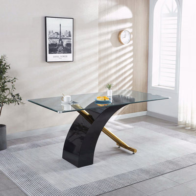Table de salle à manger de luxe avec plateau en verre - Accents chromés avec base en bois laqué