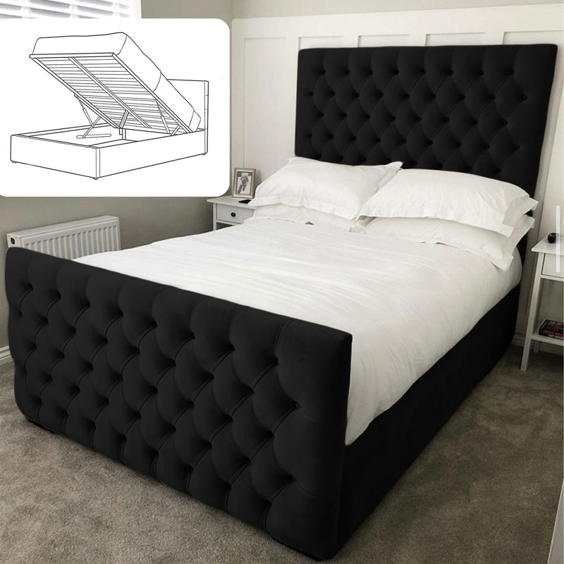 Aleisha Chesterfield Upholstered Ottoman Storage Bed - Button-Tufted Velvet Gas Lift Bed Frame, Black, Double (4'6)