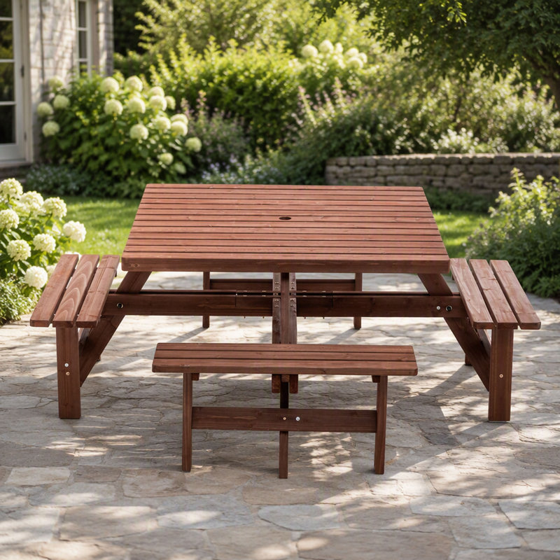 8-Person Square Picnic Table With Umbrella Hole Waterproof & Sturdy Cross Structure Outdoor Dining Set For Backyard Garden Camping Easy Clean