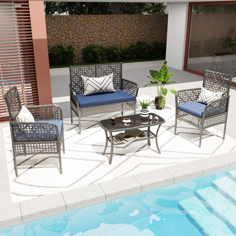 4 pieds de patio pour conversation avec table en verre trempé et coussins amovibles Mobilier moderne: table, Bleu
