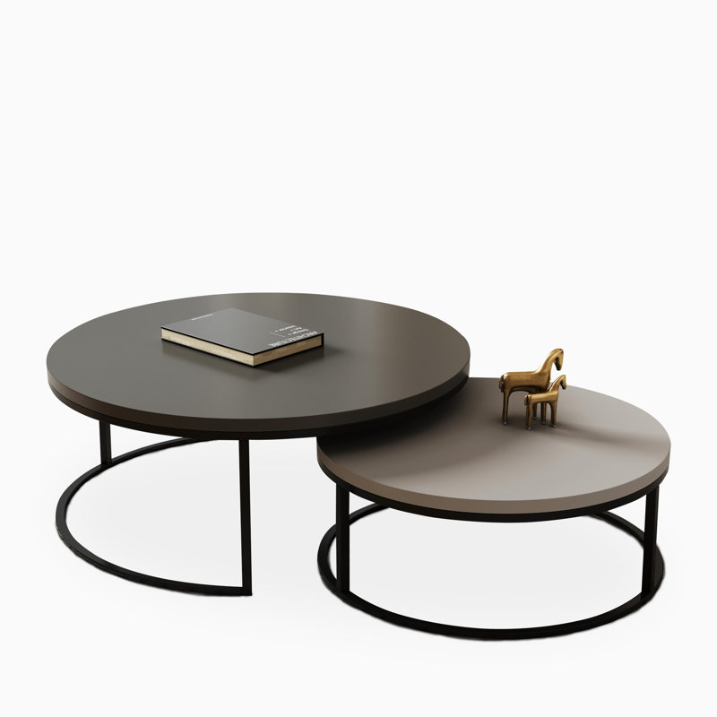 2 Piece Round Medieval Modern Nested Coffee Tables, Stackable Living Room Decorative Tables, Gris