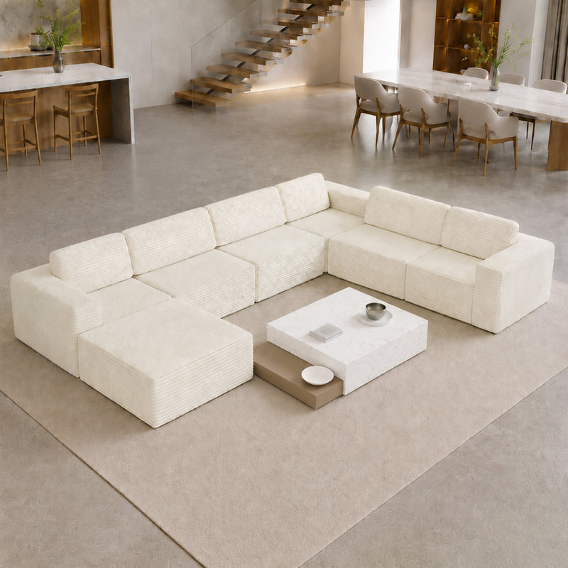 Modular Oversized 404cm 6-seater L-shaped Boneless Corduroy Sofa, No Assembly Required, Beige, Right Hand Facing