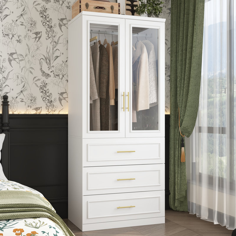 Armoire moderne avec portes en verre, rangement spacieux avec tiroirs et poignées dorées