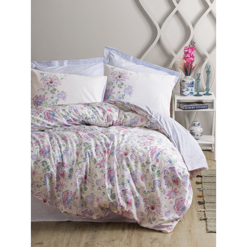 Luxury Ranforce Single XXL Quilt Cover Set, 61 x 87, 100% Cotton, White & Blue & Purple & Green | Machine Washable at 104°F, 145 Thread Count, Button Closure Duvet & Envelope Pillowcase | Soft & Stylish Bedding