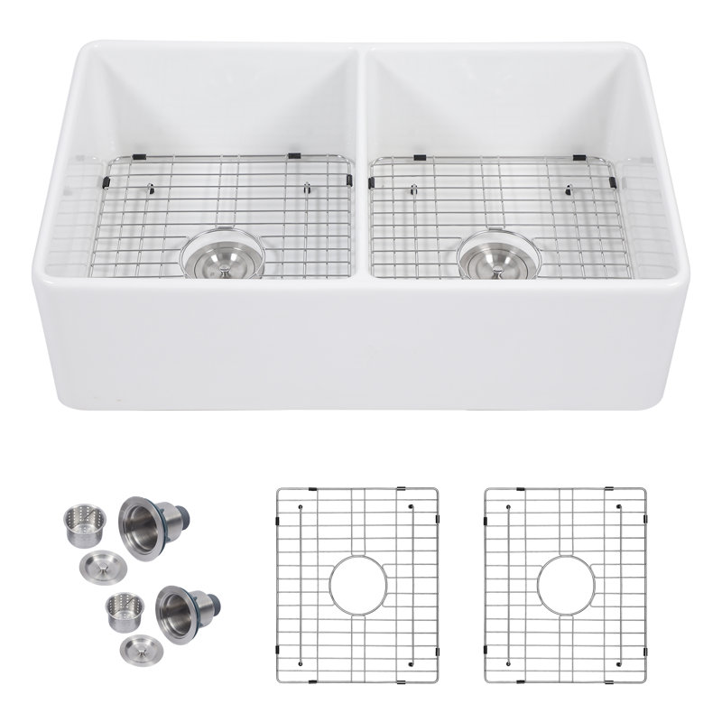  33" L X 20" W White Fireclay Farmhouse Kitchen Sink Ceramic Double Bowl