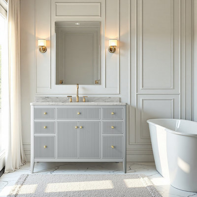 Fully Assembled 48'' Freestanding Single Sink Bathroom Vanity With Solid Wood Construction And Engineered Marble Top