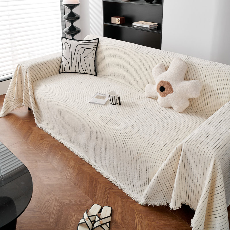 Housse pour canapé à rayures fines multicolores en chenille classique, Chenille beige / blanc, H 71 po x l 134 po x P 0,1 po