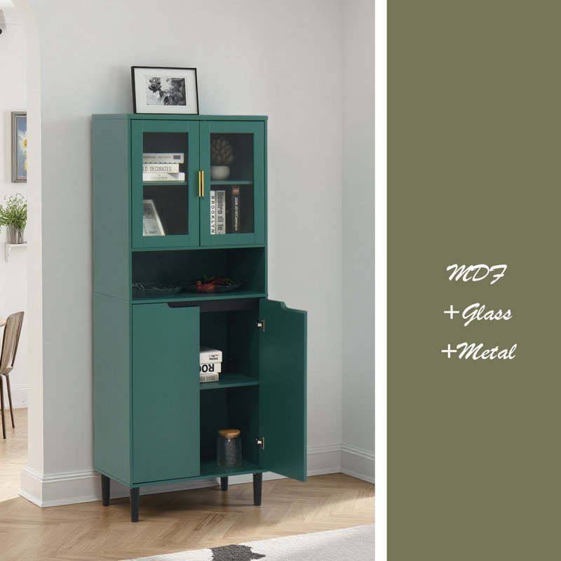 Tempered Glass Door Tall Storage Bookcase With Adjustable Board, 4 Doors MDF Painting Finished Cabinet, Green