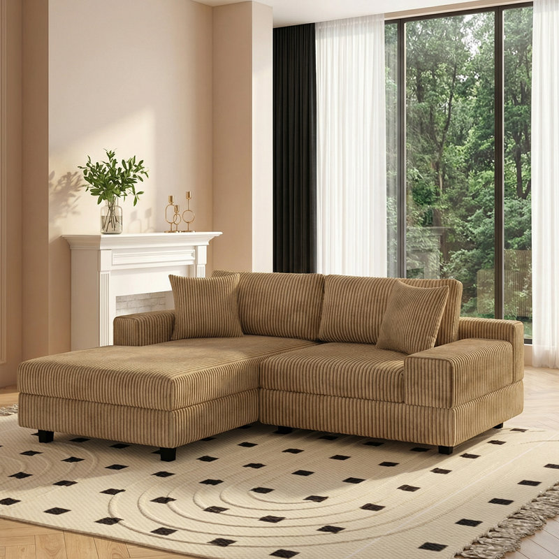 Canapé modulaire en velours côtelé 2 pièces 73,62 "avec ensemble de méridienne et coussins, Velours côtelé brun clair