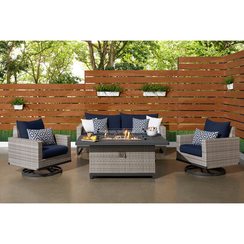 Sameko Amali 4 Piece Rattan Sofa Seating Group With Sunbrella Cushion Covers, Canvas Navy Sunbrella® Canvas, Gray