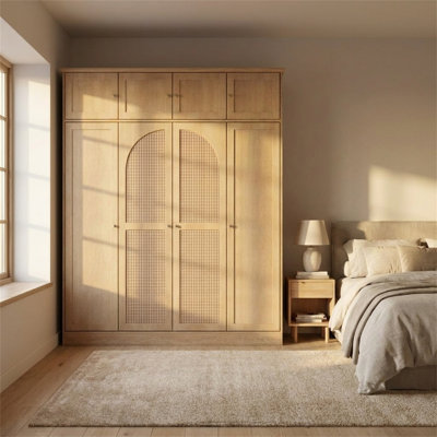 Armoire à grande capacité, unité de rangement en bois à 8 portes, avec rails suspendus, tablettes réglables et portes en osier, hauteur de 70,87 po, style champêtre moderne, finition bois naturel