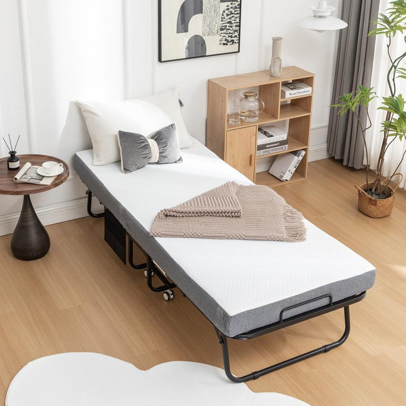 Folding Bed with Mattress, Portable Foldable Bed with 5" Memory Foam Mattress and Metal Frame for Adults, Roll Away Guest on Wheels
