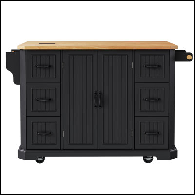 56 Inch Rustic Rolling Kitchen Island with Drop Leaf, Power Outlet, and Ample Storage on Wheels