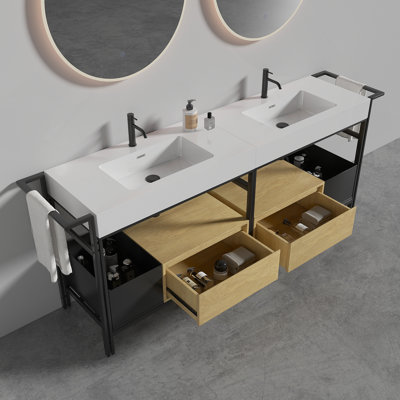 Ensemble de meuble-lavabo de 72 pouces avec lavabo, structure en métal et accents de bois chaud FORTE, lavabo en pierre artificielle facile à nettoyer