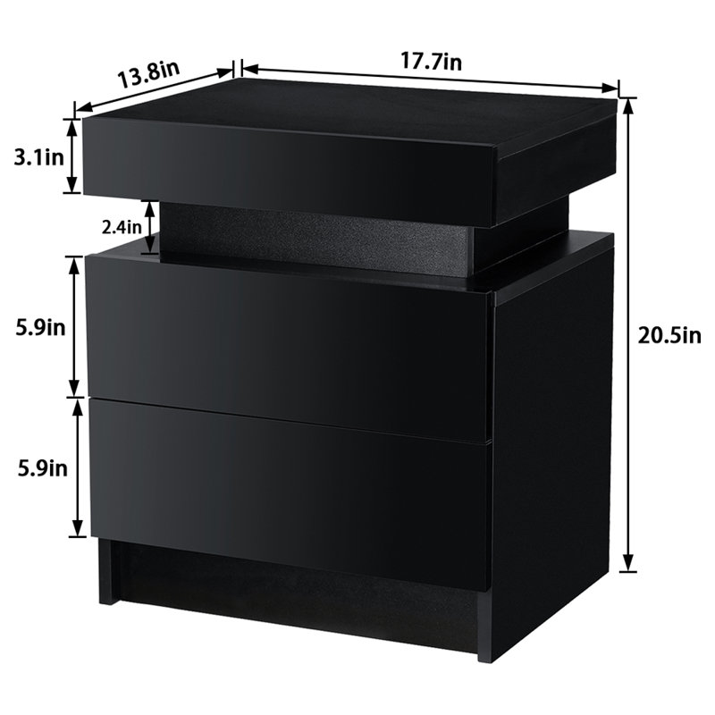 Table de chevet 2 tiroirs avec lumières DEL multifonctionnelles Acree, Noir