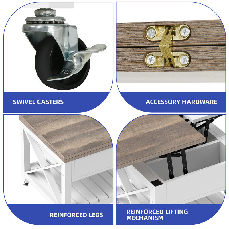 Table basse à 2 niveaux avec plateau relevable et roues verrouillables