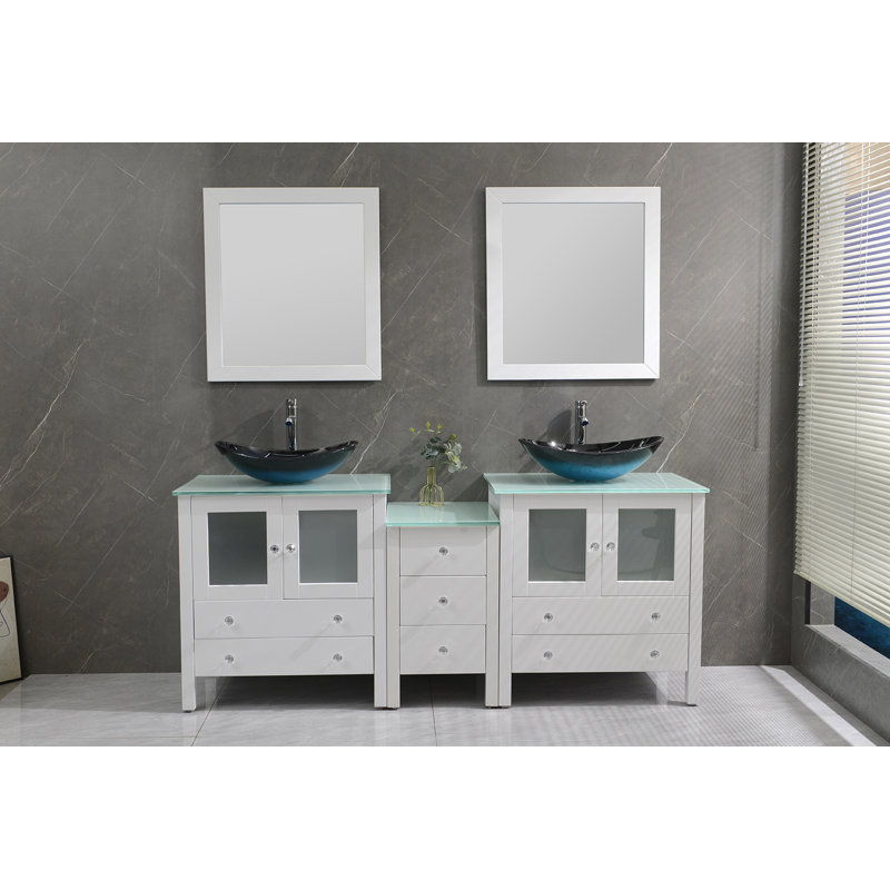Meuble-lavabo double autoportant 74,5 po avec plateau en verre trempé, Blanc